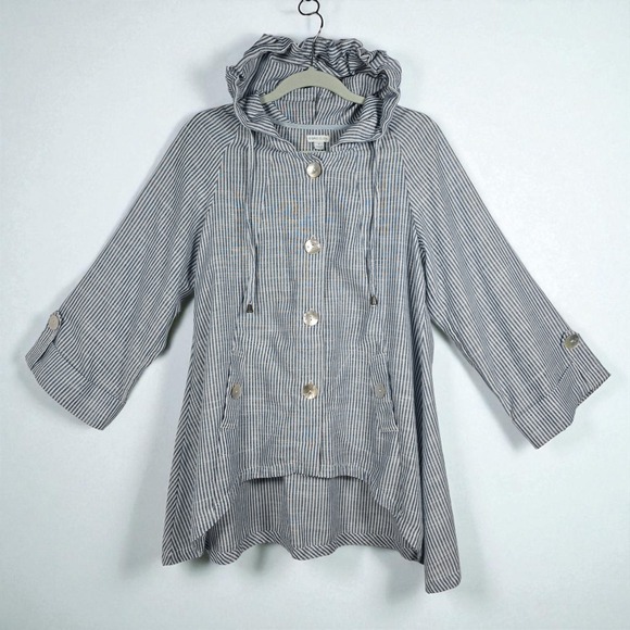 Sigrid Olsen Woman Small Jacket Striped Linen‎ Cotton Blend Hooded Button Down - Picture 1 of 10